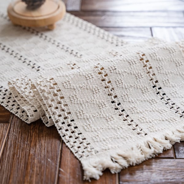Macrame bordslöpare Boho bomull linne bordslöpare med tofsar, rektangulär virkad spetsnät duk