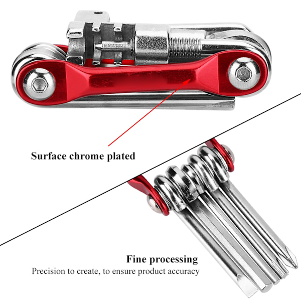 11-i-1 Multifunktionellt cykelreparationskit Sexkantsnyckel Skruvmejsel Fällbart reparationsverktyg Rött