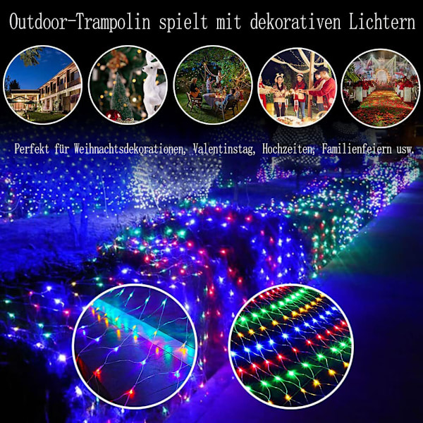 Tdbest Solcellsdriven LED-ljusnät, 1,5 x 1,5 m, 96 LED-slingor, 8 lägen Ljusslinga med minnesfunktion, IP44 Vattentäta lampor inomhus