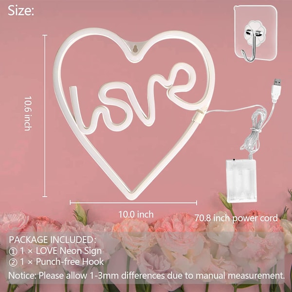 Neonskyltar för väggdekor Kärlek och Hjärta Rosa Neonljus Skyltar Drivs av USB/Batterier, Akryl Neonljus för Flickor Barn Sovrum, Bröllop, Bar,