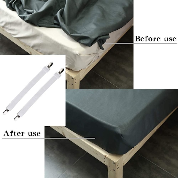 Flexibla Stretchiga Elastiska Lakanhållare, 12 st Vita Justerbara Elastiska Dra-på-lakanband med Metallklämmor för Släta Skrynkelfria Sängkläder, Kraftiga