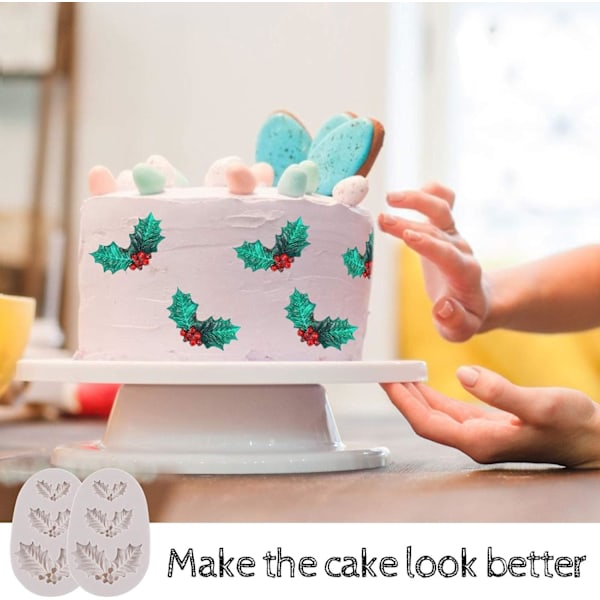 Jul Julkaksdekoration Toppers, 3D Mini Stechpalmenblad Silikonform för Fondant Kex Gummipasta, Lämplig för Ugnar, Diskmaskiner,