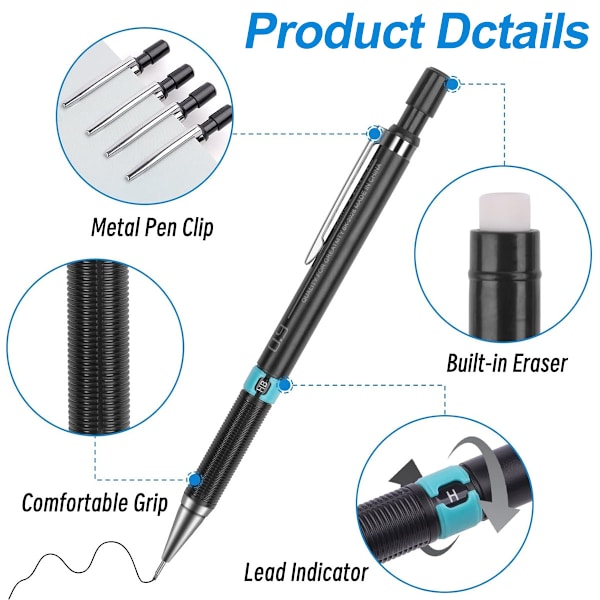 Mekanisk blyertspenna 0.3/0.5/0.7/0.9 mm, 4 rör (48 stycken) stift HB och 2 suddgummin, mekanisk penna för skissning, ritning, skrivning