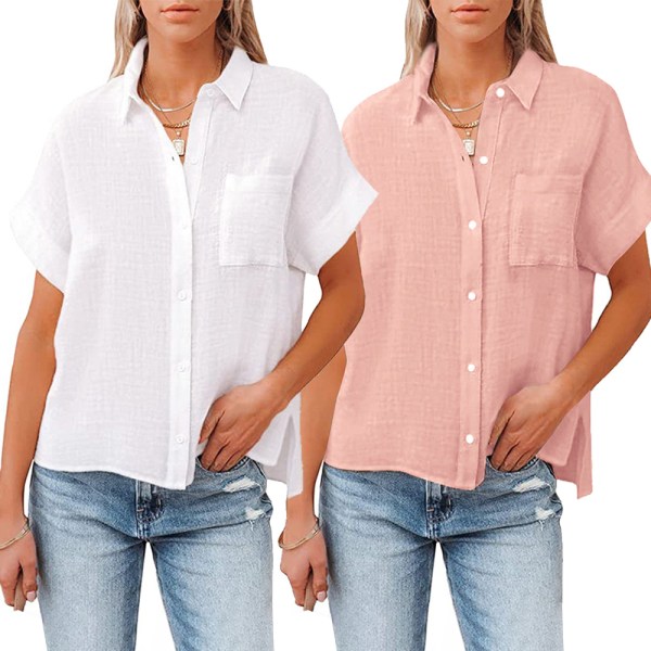 2st blusar för kvinnor Casual V-hals Enfärgade bomullsskjortor