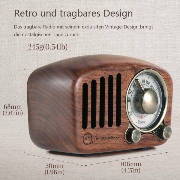 FM FM klassisk trä retroradio liten, bärbar radio med Bluetooth högtalare, nostalgisk radio med AUX/SD-funktion, 1100mAh uppladdningsbar