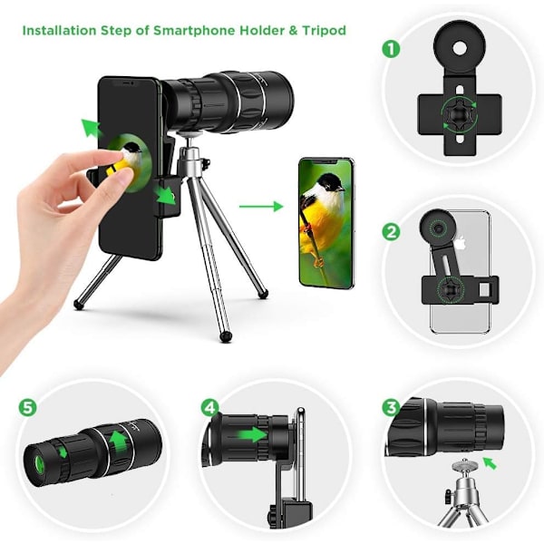 Monokulär teleskop, 16X52 HD monokulär med hållare och stativ för smartphone, klar BAK4 prisma lins dubbla fokusoptik för vandring, jakt, camping, fågel