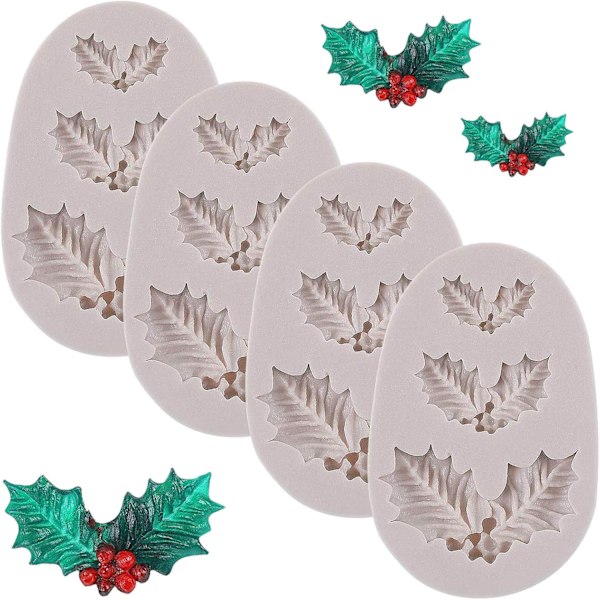 Jul Julkaksdekoration Toppers, 3D Mini Stechpalmenblad Silikonform för Fondant Kex Gummipasta, Lämplig för Ugnar, Diskmaskiner,
