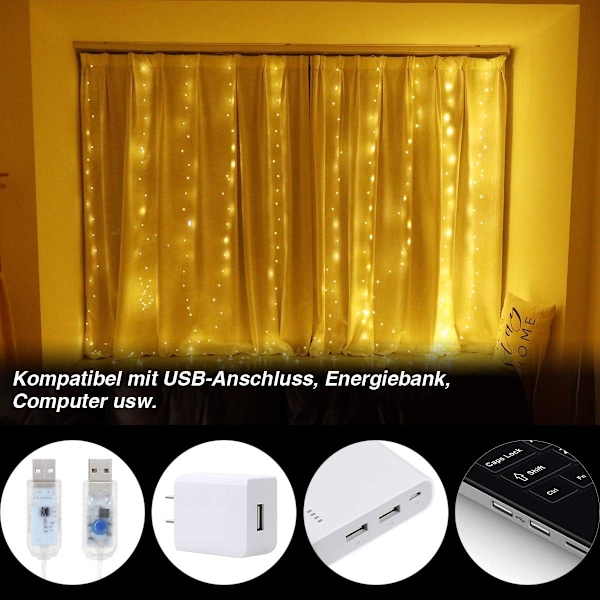 Förtrollande bröllopsfestbelysning, 300 LED 3mx3m, USB-driven flexibel gardin med fjärrkontroll för justering av ljusstyrka och hastighet
