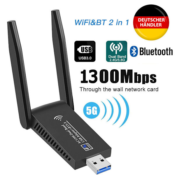 WLAN-adapter USB 3.0 Stick 1800 Mbps WiFi Dubbelband 5 GHz Antenn PC Bluetooth DE