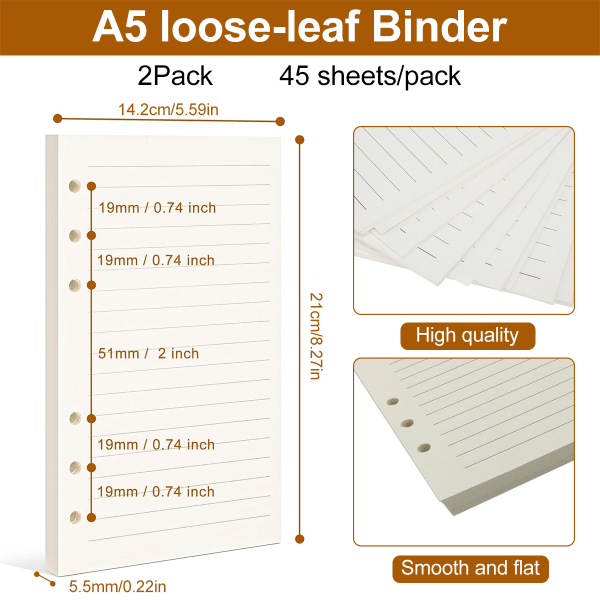 2-pack A5-påfyllningar, linjerat papper - 90 ark A5-påfyllningsblock för A5-dagbok, 8,3 x 5,6 tum lösbladspåfyllningsbara planeringsinsatser A5-papper, A5-linjerat