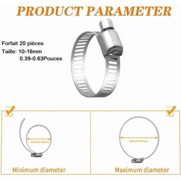 20 st justerbara slangklämmor, 10-16 mm, 304 rostfritt stål, slangklämma i metall, för rör, gas i hemmet, vattenrör i familjen, kabel,