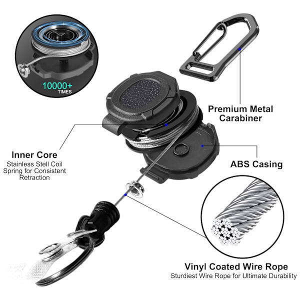 Indragbar ID-korthållare, ID-korthållare, indragbar nyckelring med 31,5 tum tjock stålsnöre, kraftig karbinhake nyckelring, för nyckelring ID