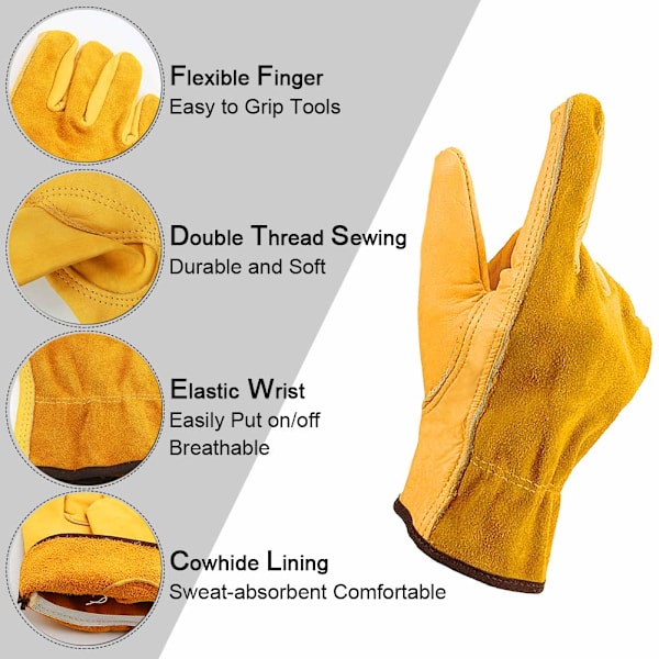Arbetshandskar i koskinnläder, flexibel design, slitstarka arbetshandskar, nötningsbeständighet, elastisk handledsrem, förstärkta handflator, perfekta för trädgårdsarbete