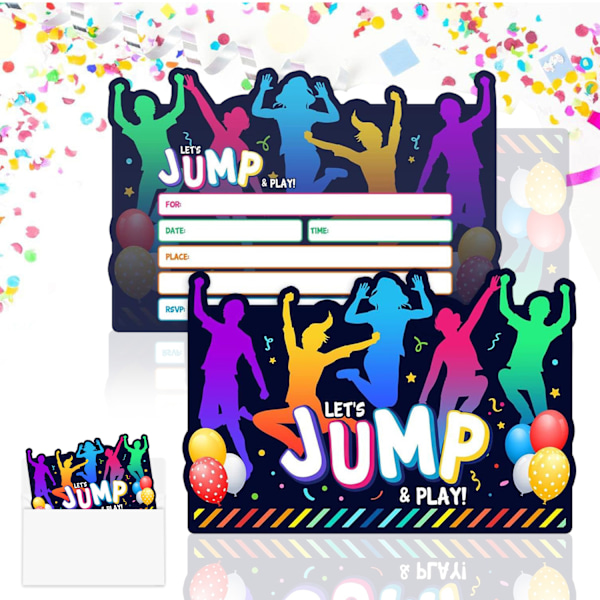 Hoppfest inbjudningskort, 12 färgglada barnkalasinbjudningskort med 12 kuvert Hopp Trampolin Premium vykort för flickor pojkar