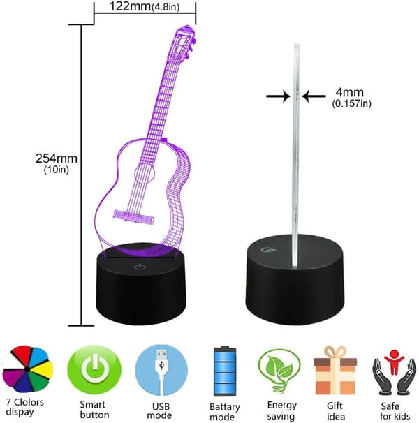 3D Gitarr Illusion Lampa Nattlampa för Sovrum 7 Färger som Ändras
