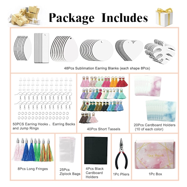 Sublimering örhängeämnen kit med örhänge krokar tofsar DIY värmeöverföring sublimering ämnen set