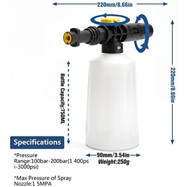 Skumkanon för Kärcher K2 K3 K4 K5 K6 K7, 750 ml skumpistol, justerbart munstycke snöskumlans tillbehör för Karcher K2~K7 högtryckstvättar