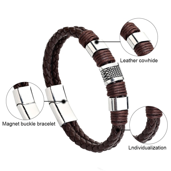 Armband för män Läder med svart magnetiskt rostfritt stål