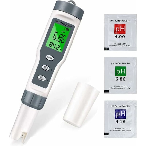 Elektronisk PH-mätare, 4-i-1 Pooltestare för pH TDS EC & Temperatur, Lämplig för Hydroponiska System, Vattentät Multifunktionell Digital Mätare