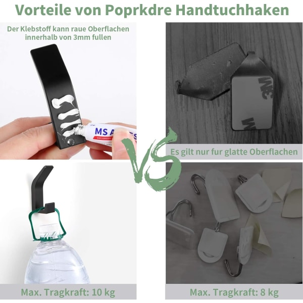 Handdukshållare utan borrning Handdukskrok Väggmontering 6-pack Självhäftande krokar för badrum Handduksklädhängare Väggkrok Aluminium Rostfri (Svart)