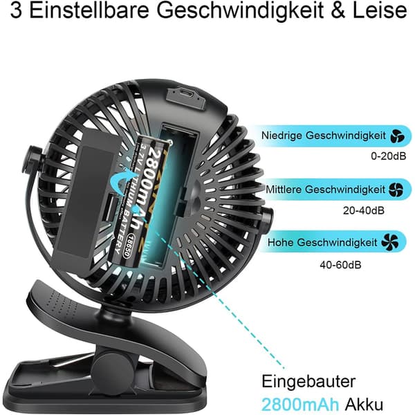 USB-ventilator, bærbar clip mini-ventilator med 3 hastigheder