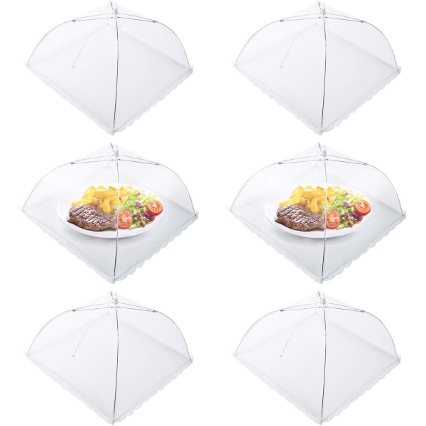 Flughatt, Set med 6 matskydd, hopfällbart tårtlock flugskydd matskydd, perfekt flugskydd för mat, frukt, picknick, grill, 45x45cm, vit