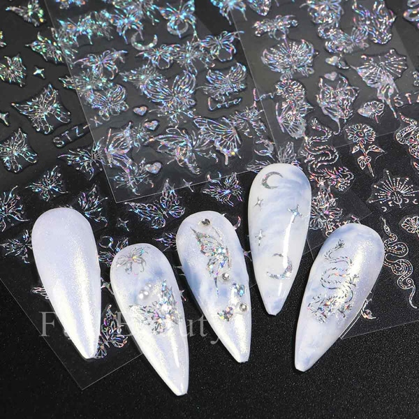 6 ark med fjärilsnagelklistermärken, självhäftande nagelklistermärken, 3D-fjärilsnagelklistermärken, Aurora nail art ,