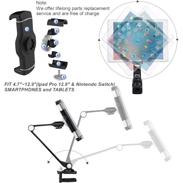 IPad-skrivbordsfäste, platt fäste, justerbart platt fäste med flera vinklar, lämplig för 4,7 \"- 13\" skärm