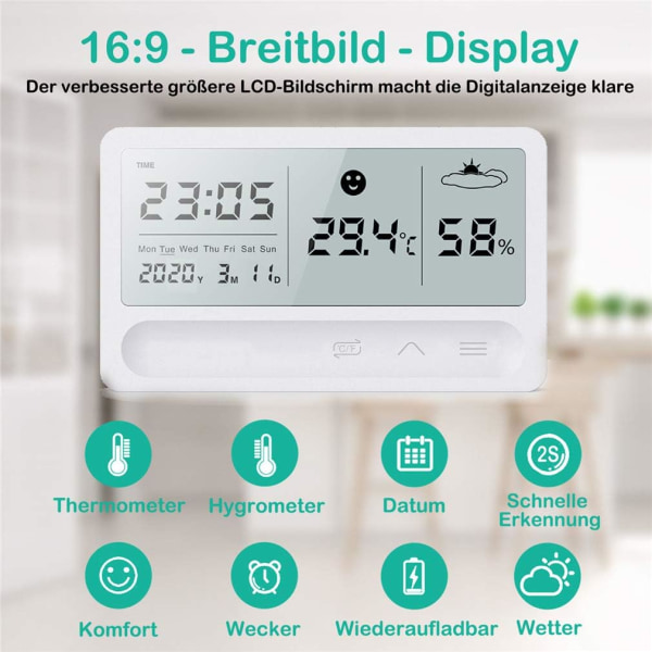 Hygrometer Termometer Inomhus, Uppladdningsbar Digital Termometer Hygrometer med Växlarm och 2s Snabb Detektering, Hög Noggrannhet Hydrometer för Babyrum