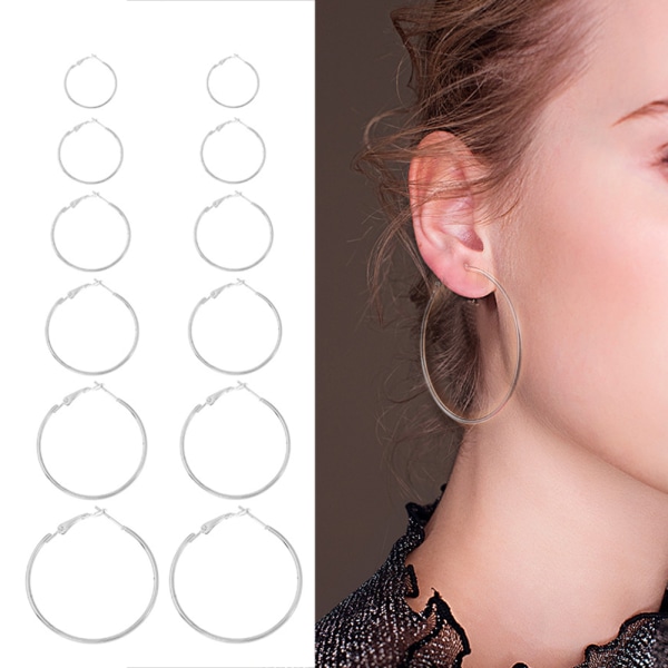 6 par/set Dammode Stora Creolörhängen Legering Stora Loop Cirkel Örhängen (Silver)