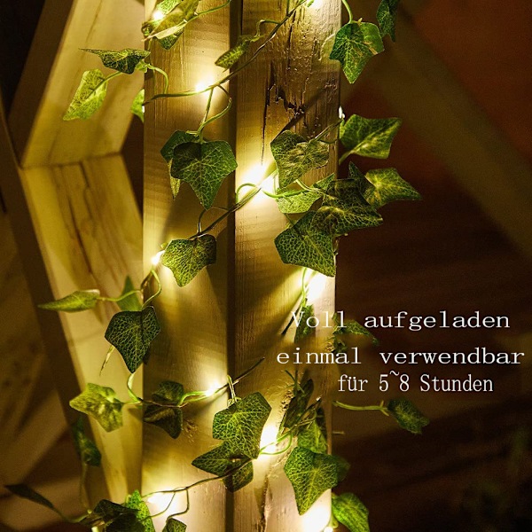 Utomhus Ljusslinga, Konstgjord Murgröna Ljusslinga, 100 LED, 10 m / 32 ft, 8 Lägen, Solcellsdriven Utomhus Ljusslinga för Trädgård, Träd, Uteplats, Jul