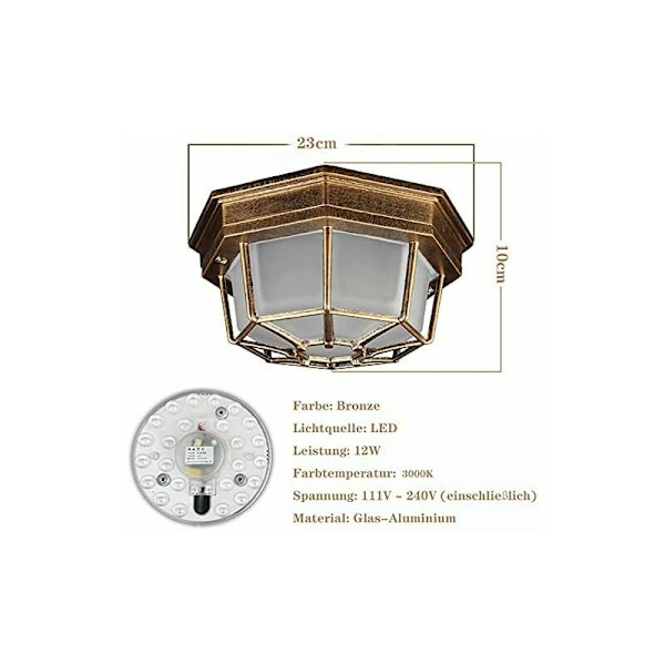 12W LED utomhus taklampa med rörelsesensor, utomhus vägglampa, klassisk metall/glas brons utomhuslampa, taklampa, vitt ljus