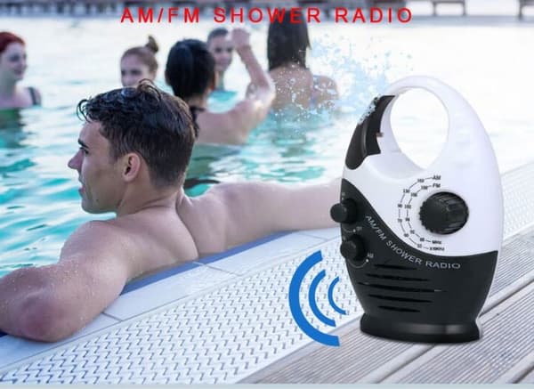 Sort vandtæt bruseradio, mini bærbar AM FM bruseradio