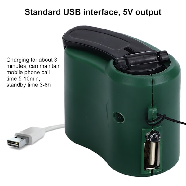 USB Hand Crank Telefonladdare 3 till 8h Standby Tid LED Ljus Bärbar Mobiltelefon Nödladdare för Utomhus Vandring Grön