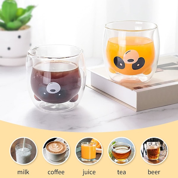 Dubbelväggigt Isolerat Glas, Multifunktionell Kopp för Kaffe, Mjölk, Fruktjuice, Te, Öl, Miljövänlig, Vakuumisoleringsdesign, Söt Pandaform