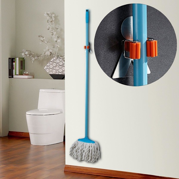 Kvast- och mopphållare, 304 rostfritt stål borstat & halkfri silikon självhäftande monterade förvaringsställ med mänsklig kroppsfjäderklämma design för