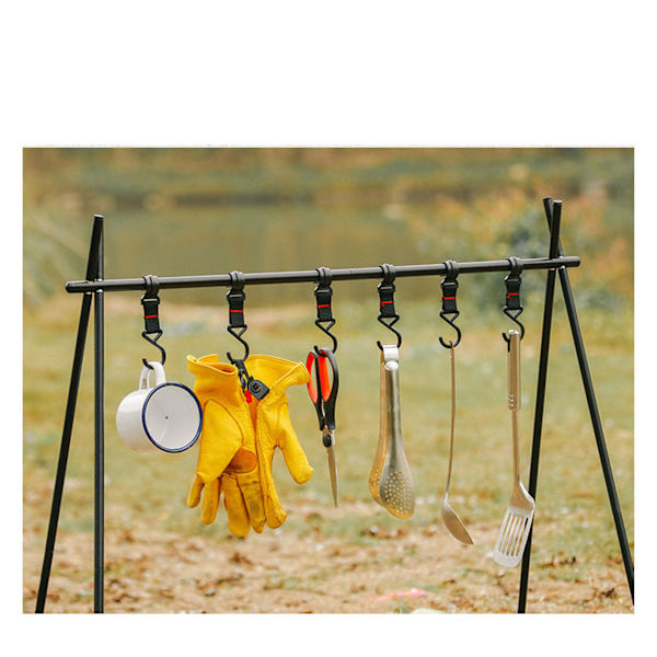 Campingställ Aluminiumlegering Fällbar Triangulär Hylla Hopvikbar Hängande Organizer Stativ för Utomhus Samll Storlek med 5 Krokar Svart