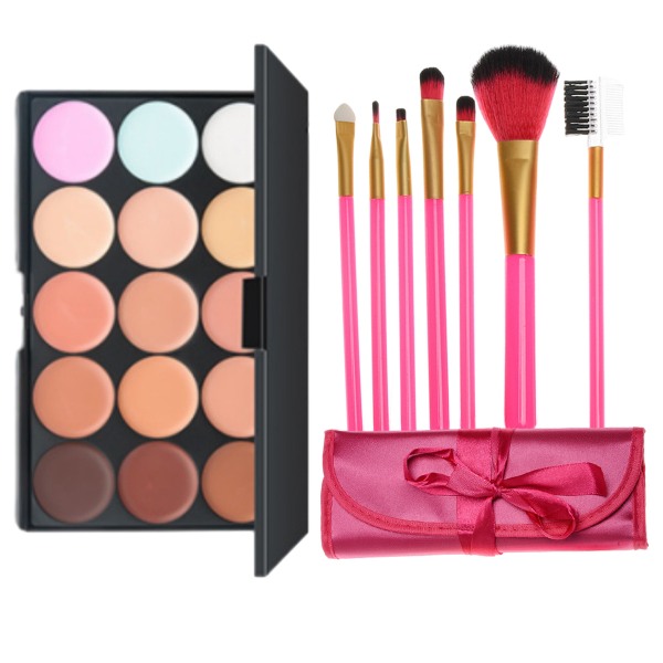 15 färger Face Cream Makeup Concealer med 7st rosa borstar