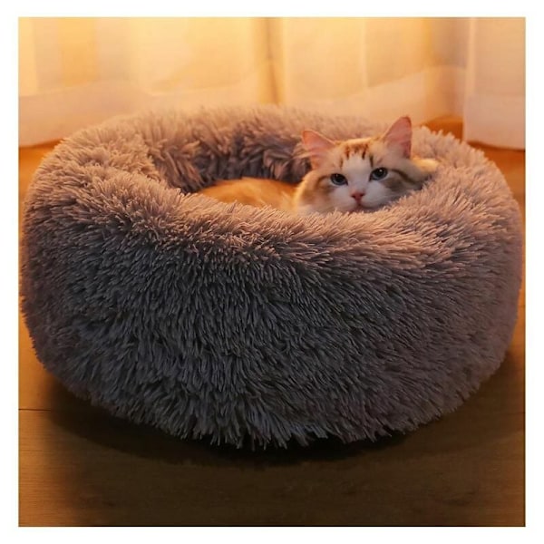 Fluffig Donut Djurbädd, Lugnande Anti-Slip Ångestdämpande Bädd för Innekatter, Rund Donutdesign Ledavlastande Hundbädd med Fuskpäls, Maskintvättbar