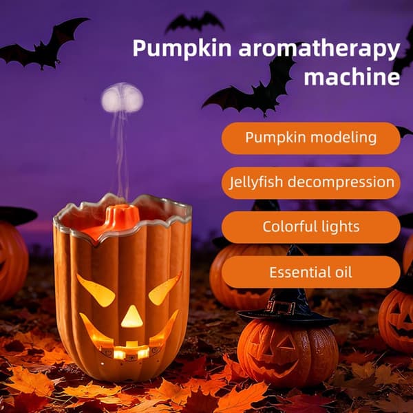 Halloween Gresskar Aromaterapi Diffuser og Luftfukter, Ultralyd Diffusjon, Kombinert med Manet-tåke og Fargerike LED-lys