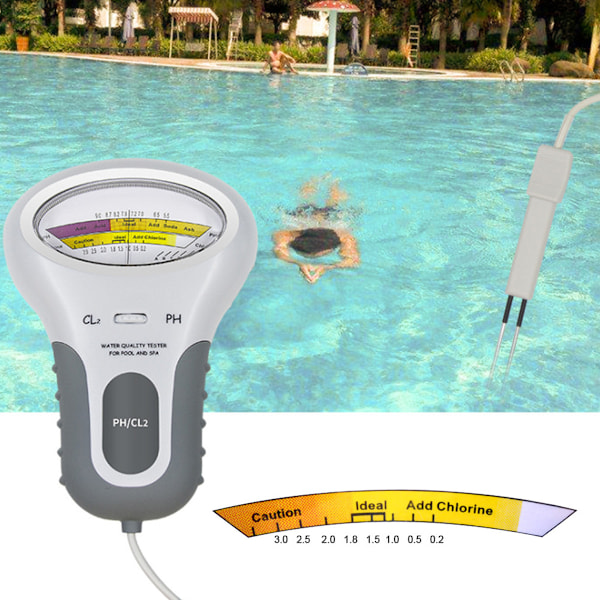 Vattenkvalitetsanalysator, digital klor- och pH Cl2-testare för simbassäng, spa-vattenkvalitetsanalysator med sond för pool eller spa, 1 x AA alkaliskt