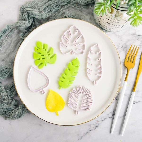Kakformar i form av tropiska blad, set med 4 kakformar i plast, minikakformar, fondantkakformar för DIY-kex