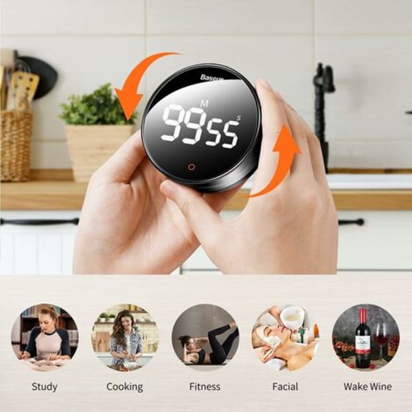 Baseus Kök Timer LED Digital Timer Magnetisk Nedräkning, 3 Nivåer Justerbar Volym, Rotationskontroll Nedräkningstimer för Matlagning Klassrumsmöte