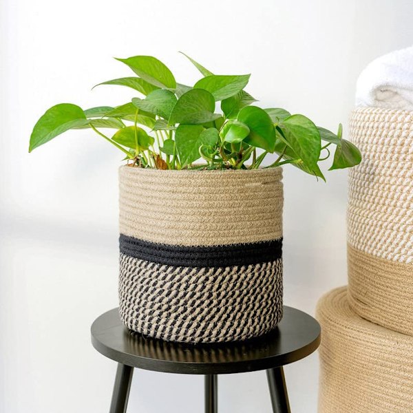 Blomkruka Planterkorg Bomull Rep Korg Förvaring Korg Flätad För Leksaker Filtar I Barnrum 21x21cm, Svart & Jute