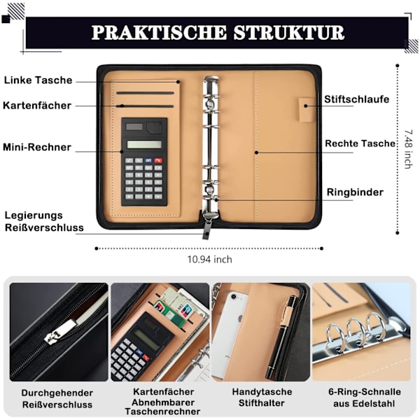 Budgetplanerare i tysk PU-läder, A6 budgetpärm med kontantkuvert, miniräknare, pengarrangör för att spara pengar