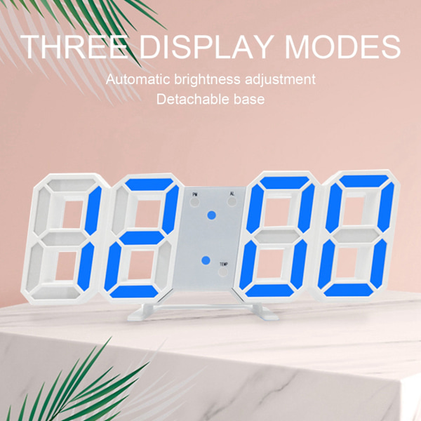 3D LED Digital Klocka Tid Datum Temperatur Display Röststyrning Automatisk Ljusstyrka Justering Digital Väggklocka Vitt Skal Blå Tecken