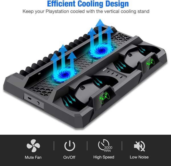 Controller Opladestation til PS4, Vertikalt Stativ med Integreret Blæserkøler & LED-indikator, Multi-model Passer til PS4, PS4 Slim, PS4 Pro, Høj