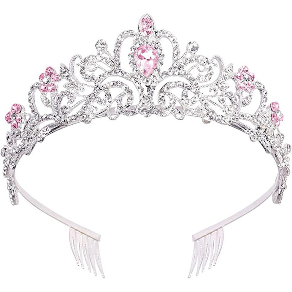 Kron-tiara, Prinsesskrona, Rairsky Damtiaror, Krona Flickor, Silvertiara för Kvinnor Rosa Kristalltiara Kristallkrona med Kammar, Kristaller