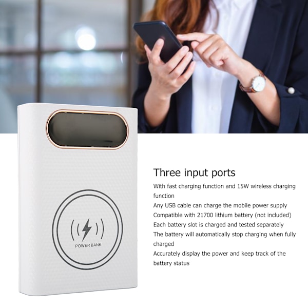 Powerbank-fodral, bärbar laddare för användning på språng, vit, dubbla USB-utgångar, tre ingångsportar, mångsidiga användningsområden, exceptionell kundsupport