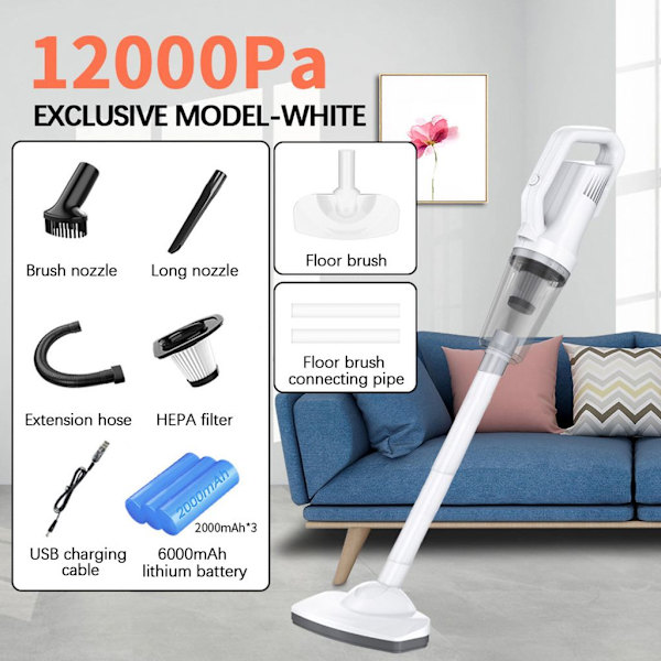 Sladdlös dammsugare handhållen dammsugare batteridriven bilsugare våt/torr funktion för hem och bil 120W 12KPa, 3 * 2200mAh